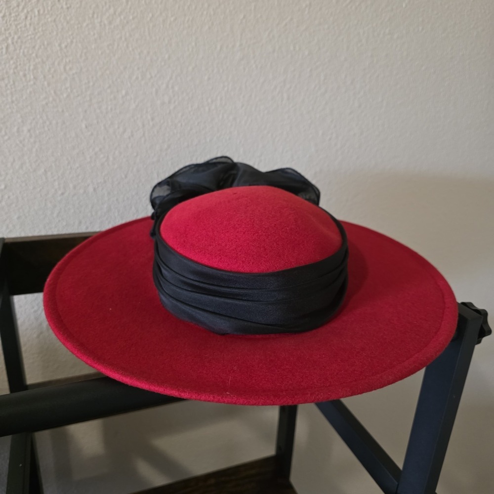 Vintage Sonni San Francisco Red Wool Wide Brim Hat Black Organza Bow Lancaster